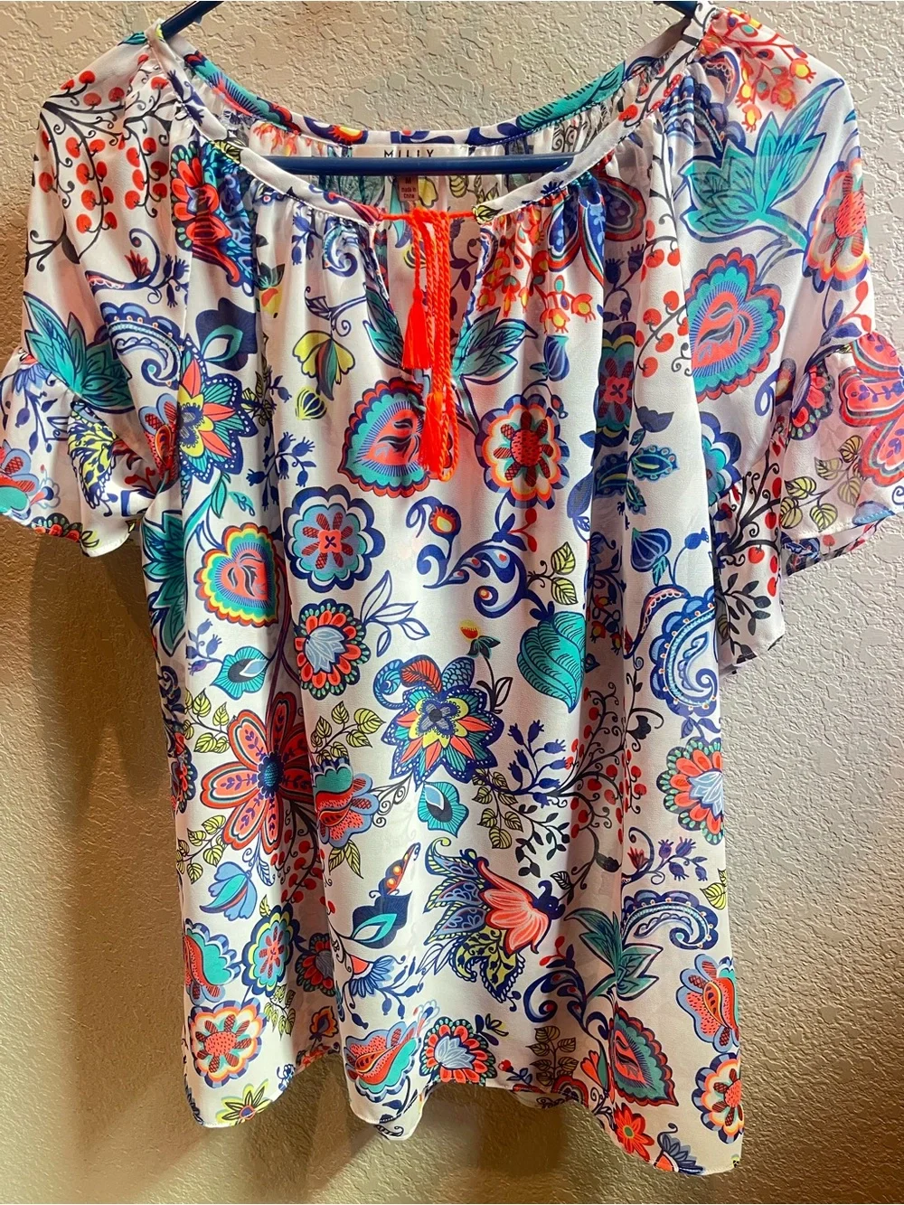 Milly White Floral Boho Sheer Blouse with Multicolor Print and Coral Tassel